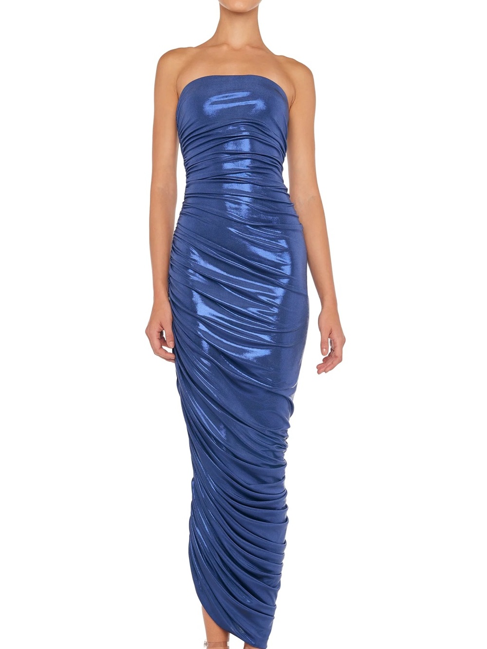 Norma Kamali Diana Strapless Ruched Gown metallic blue new